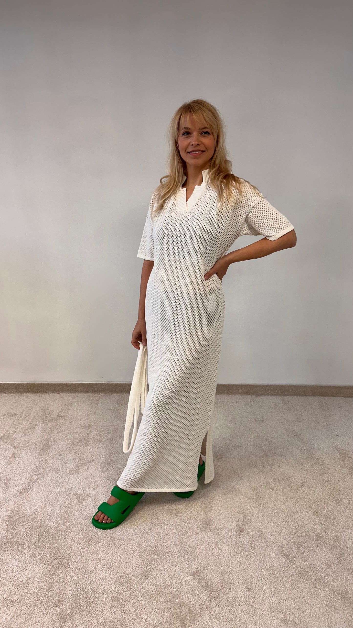 Cotton Pointelle knit long dress "Vera"